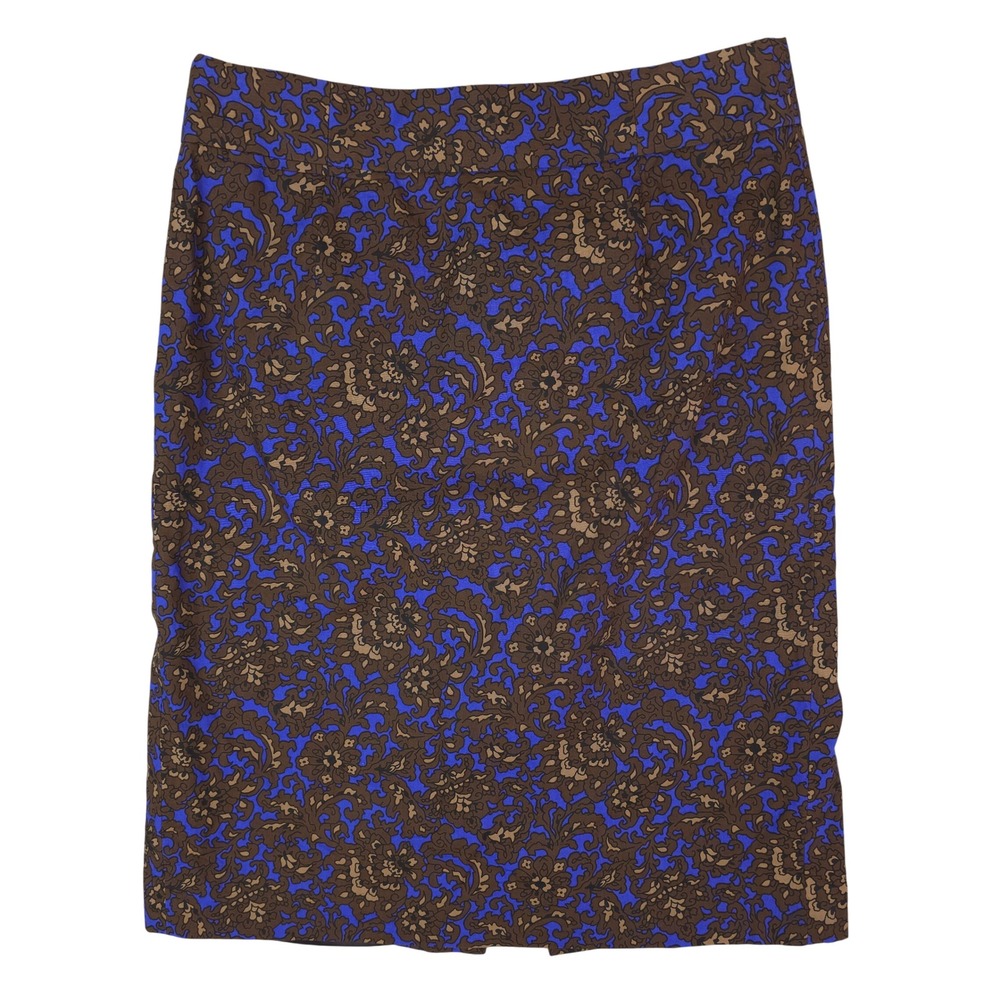 J.Crew Pencil Skirt Women 8 Blue Brown Floral Brocade Back Zip Lined Knee Length